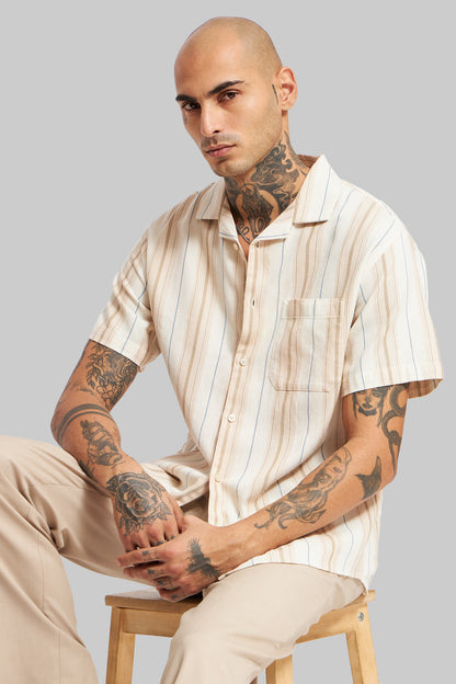 Beige Striped Textured Cuban Collar Shirt Pic 1