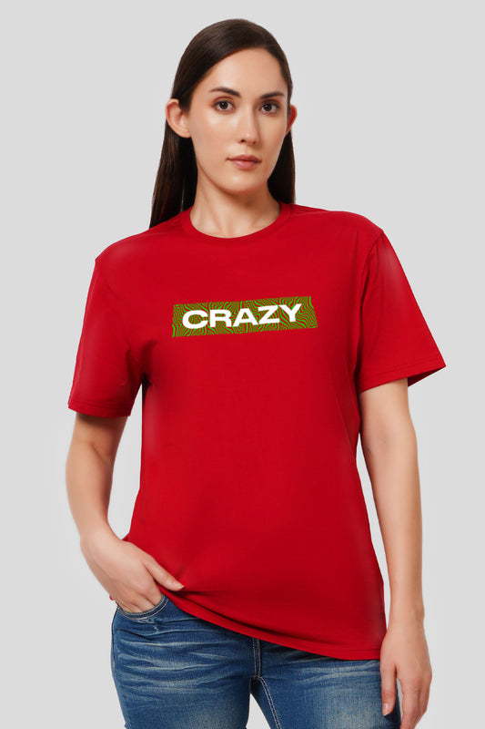 Crazy Red Printed T Shirt Women Boyfriend Fit With Front Design Pic 1