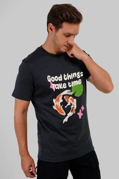 Good Things Take Time Black Regular Fit T-Shirt Men