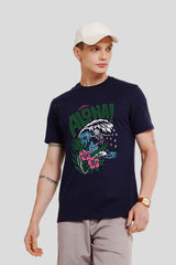 Aloha Navy Blue Printed T Shirt Men Regular Fit With Front Design Pic 1