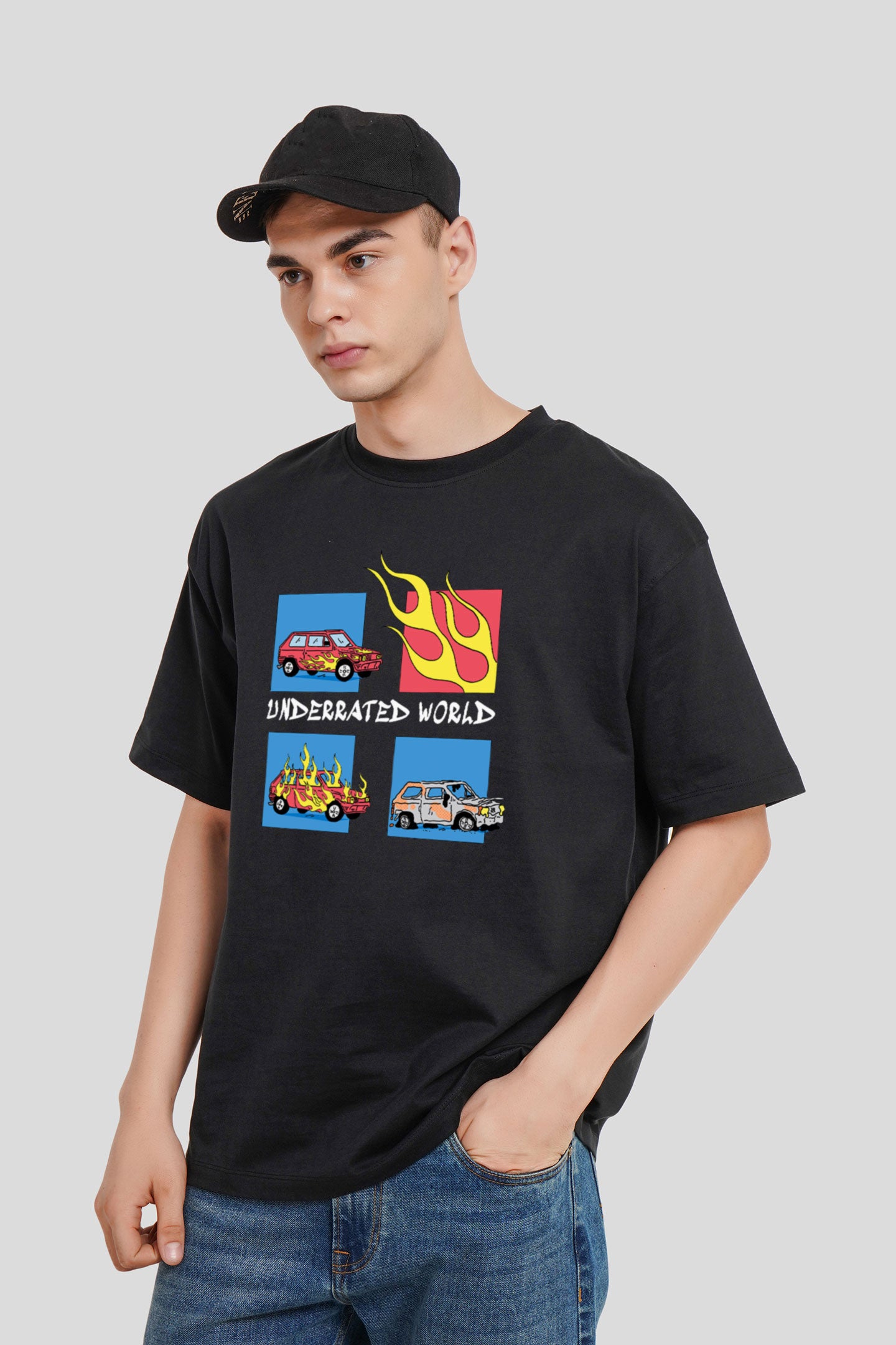 Underrated World Black Printed T-Shirt Men Oversized Fit