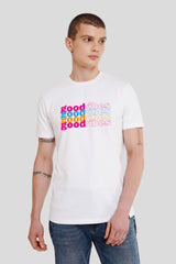 Good Vibes White Printed T Shirt Men Regular Fit With Front Design Pic 1