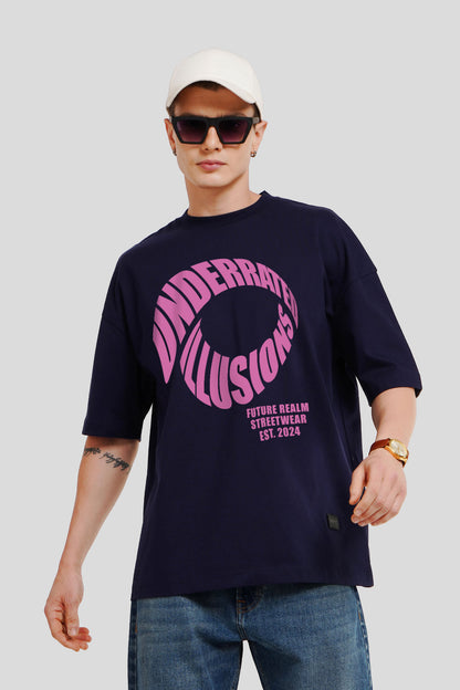 Underrated Illusions Navy Blue Printed T Shirt Men Baggy Fit With Front Design Pic 1