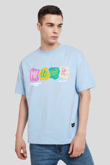 Pop It Drop It Powder Blue Printed T Shirt Men Oversized Fit With Front Design Pic 1