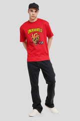Underrated Skullanic Red Printed T Shirt Men Oversized Fit With Front Design Pic 4