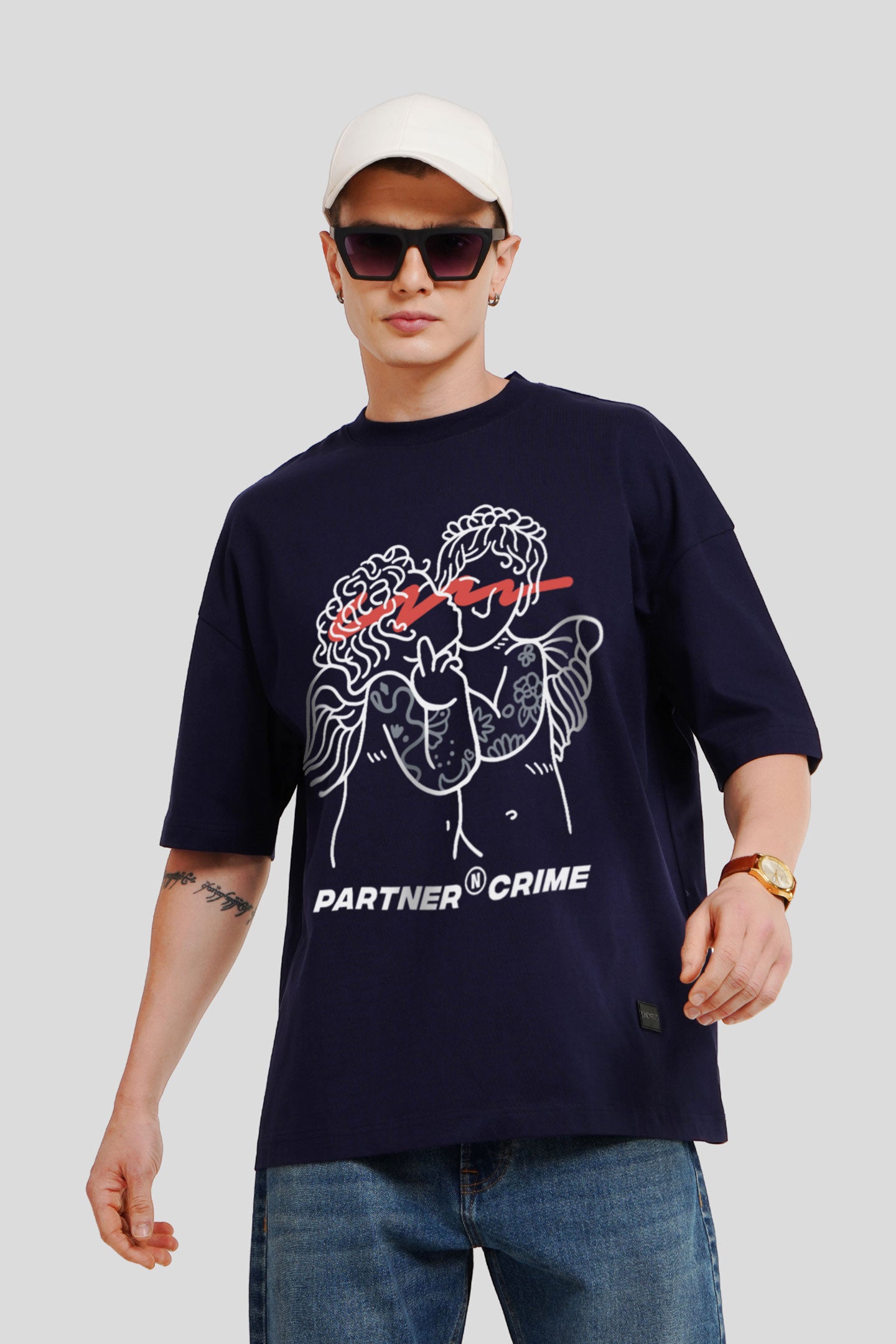 Partner N Crime Navy Blue Printed T-Shirt Men Baggy Fit