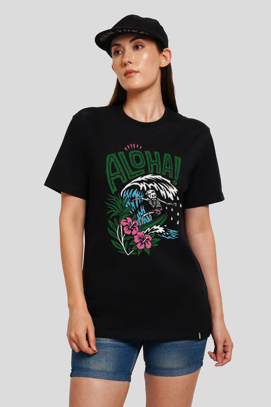 Aloha Black Printed T Shirt Women Boyfriend Fit With Front Design Pic 1