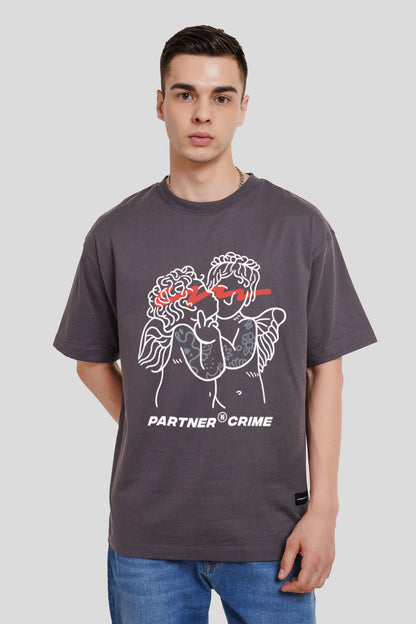 Partner N Crime Dark Grey Printed T Shirt Men Oversized Fit With Front Design Pic 1