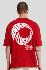 Underrated Illusions Red Printed T Shirt Men Baggy Fit With Front And Back Design Pic 2