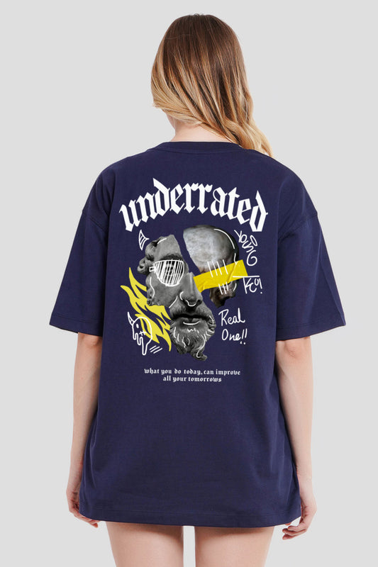 Real One Navy Blue Printed T-Shirt Women Oversized Fit With Front And Back Design Pic 1