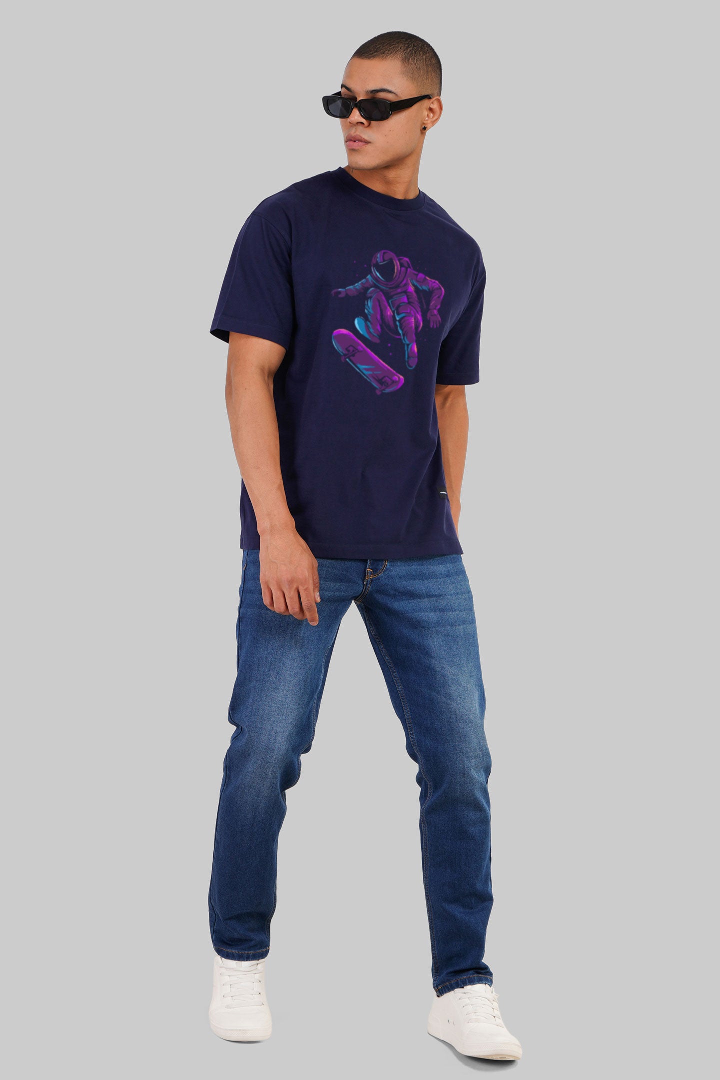 Galactic Skater Navy Blue Oversized Fit T-Shirt Men