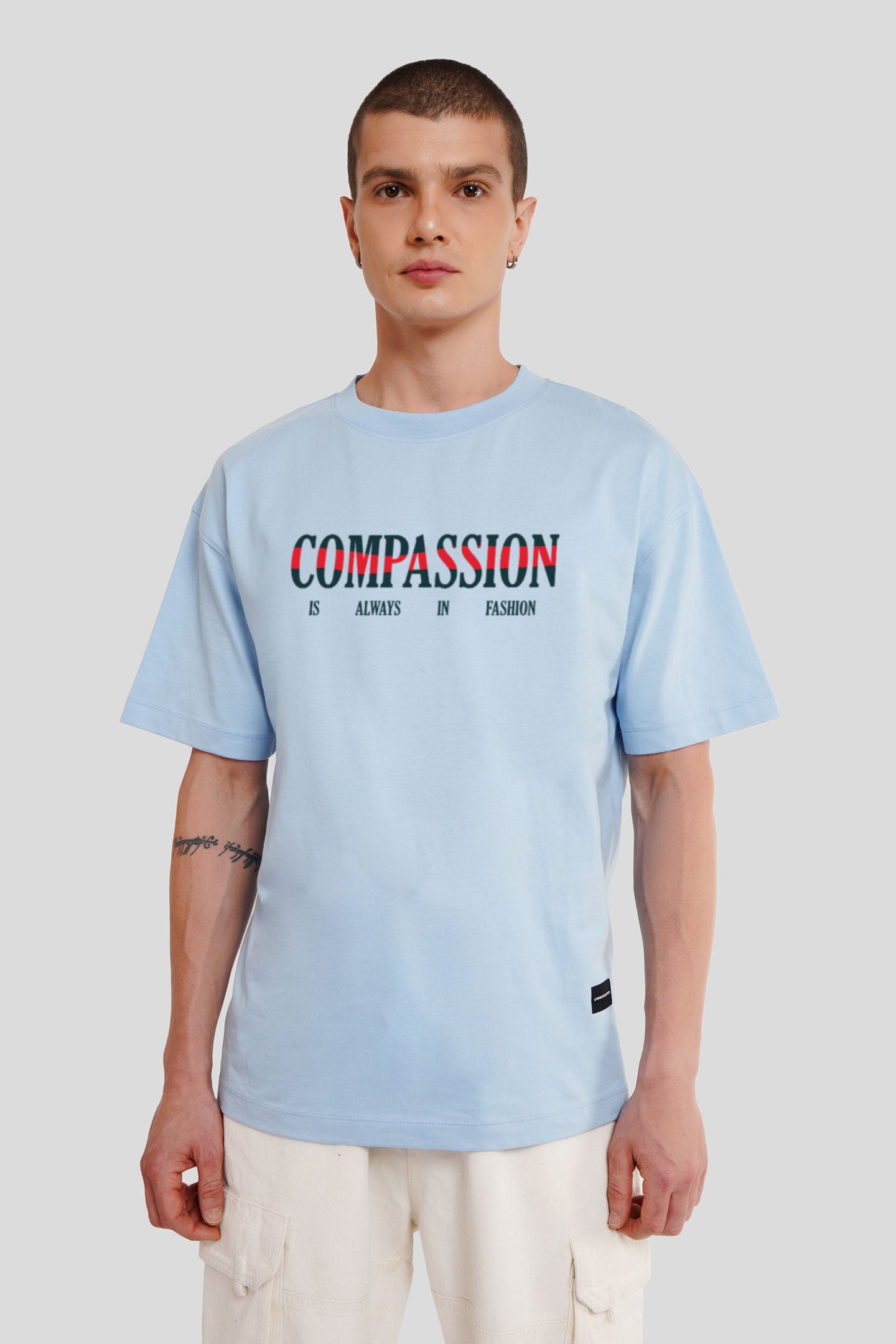 Compassion Powder Blue Printed T Shirt Men Oversized Fit With Front Design Pic 1