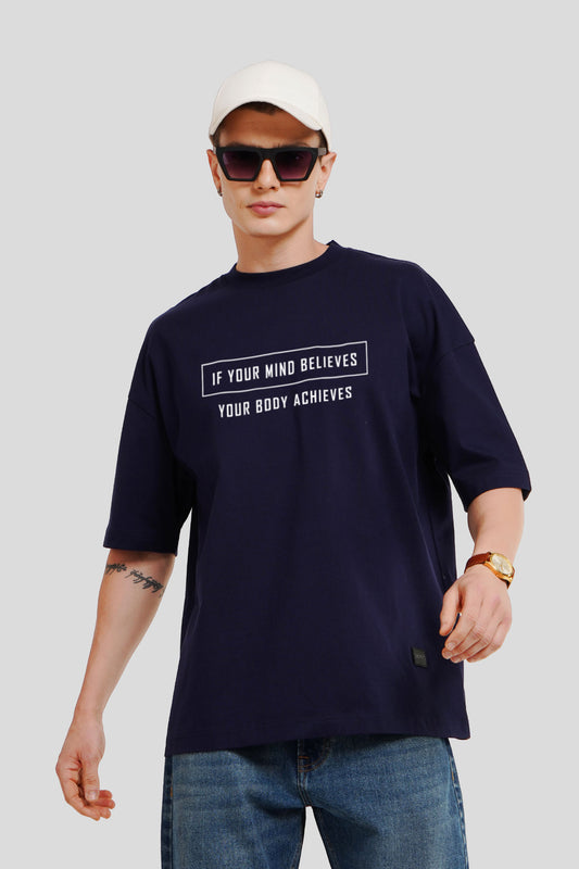 Believe To Achieve Quote Navy Blue Printed T-Shirt