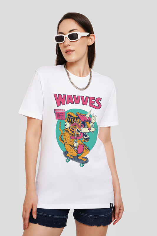Wavves White Printed T Shirt Women Boyfriend Fit With Front Design Pic 1