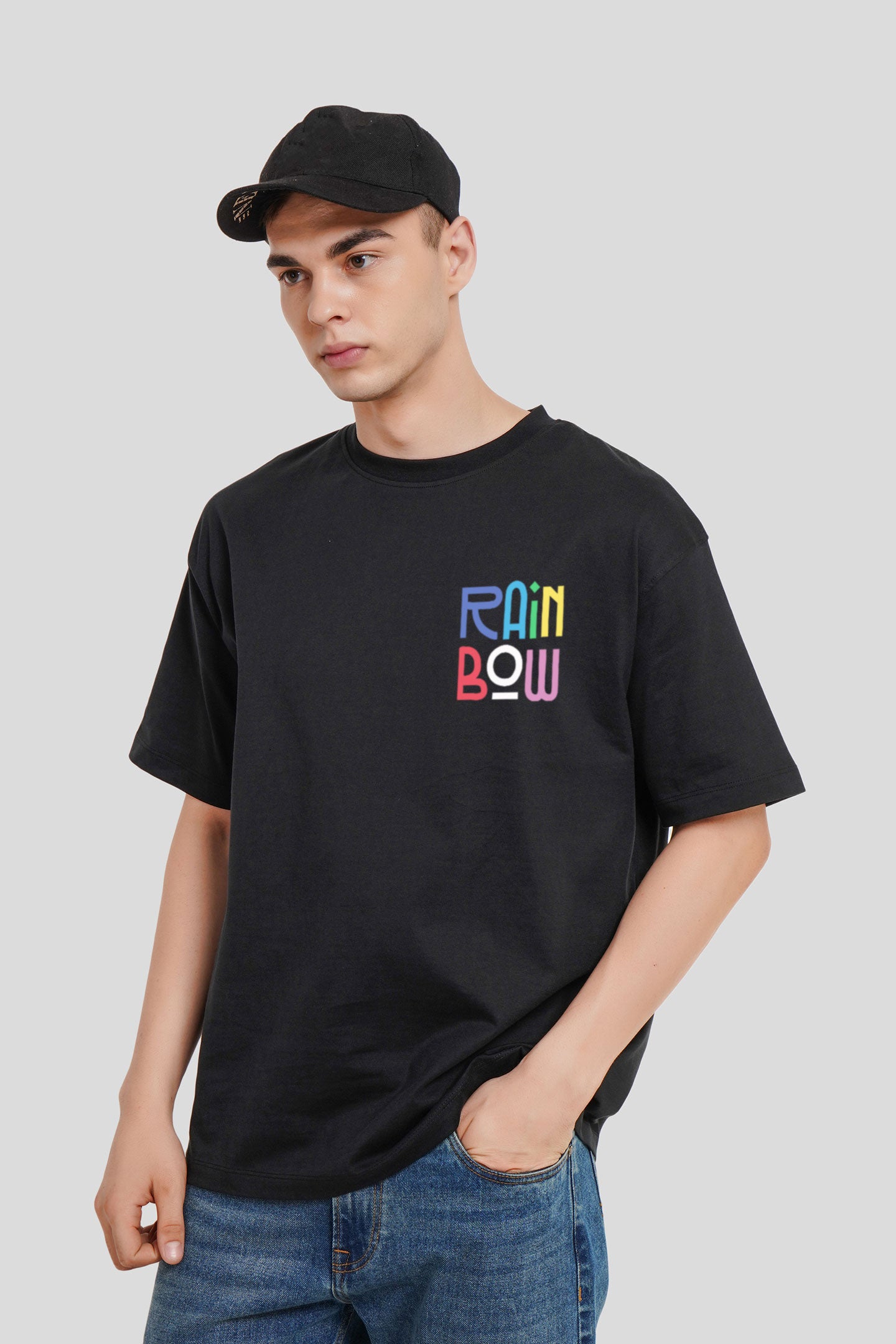 Rainbow Black Printed Oversized T-Shirt