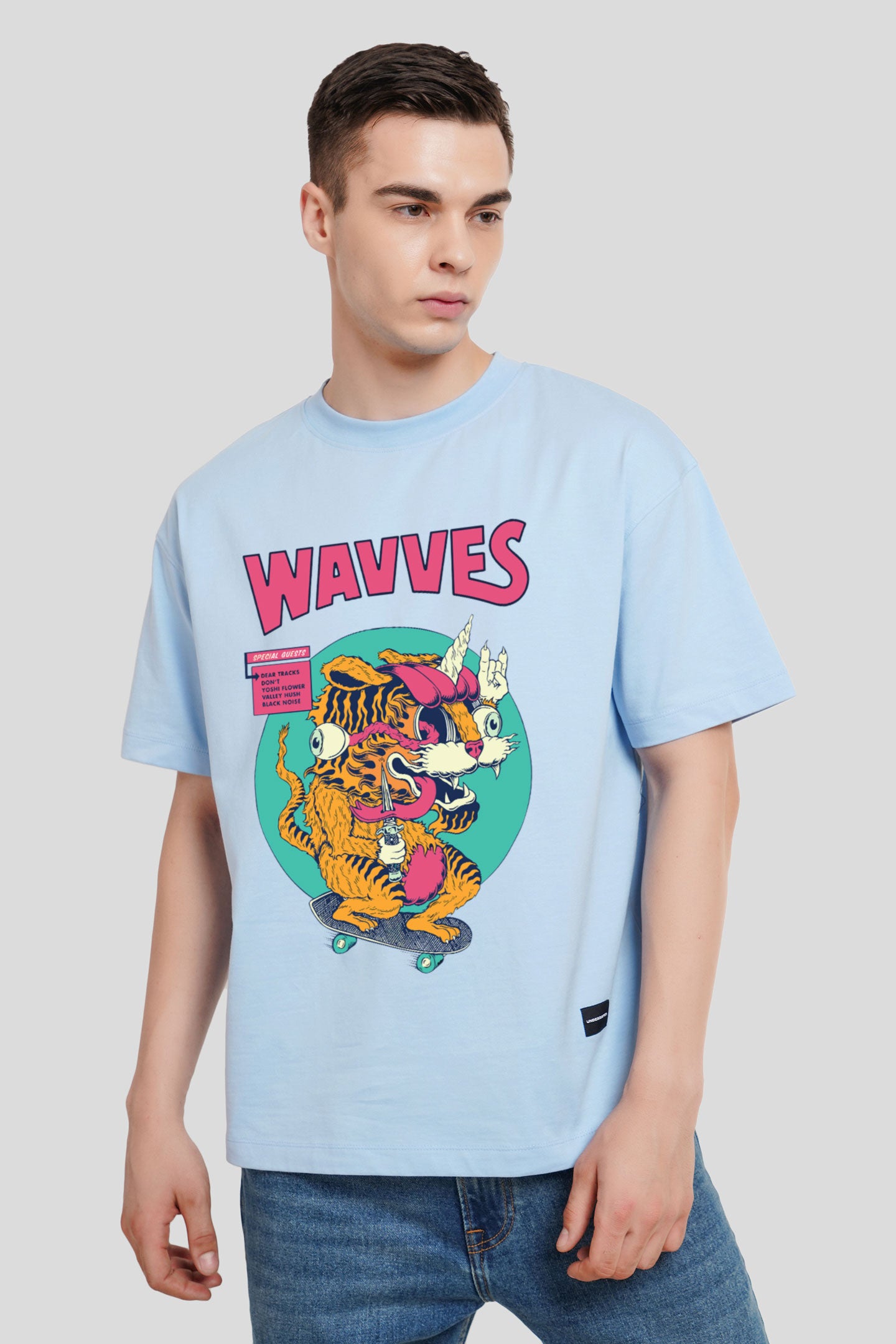 Wavves Powder Blue Printed T Shirt Men Oversized Fit With Front Design Pic 1