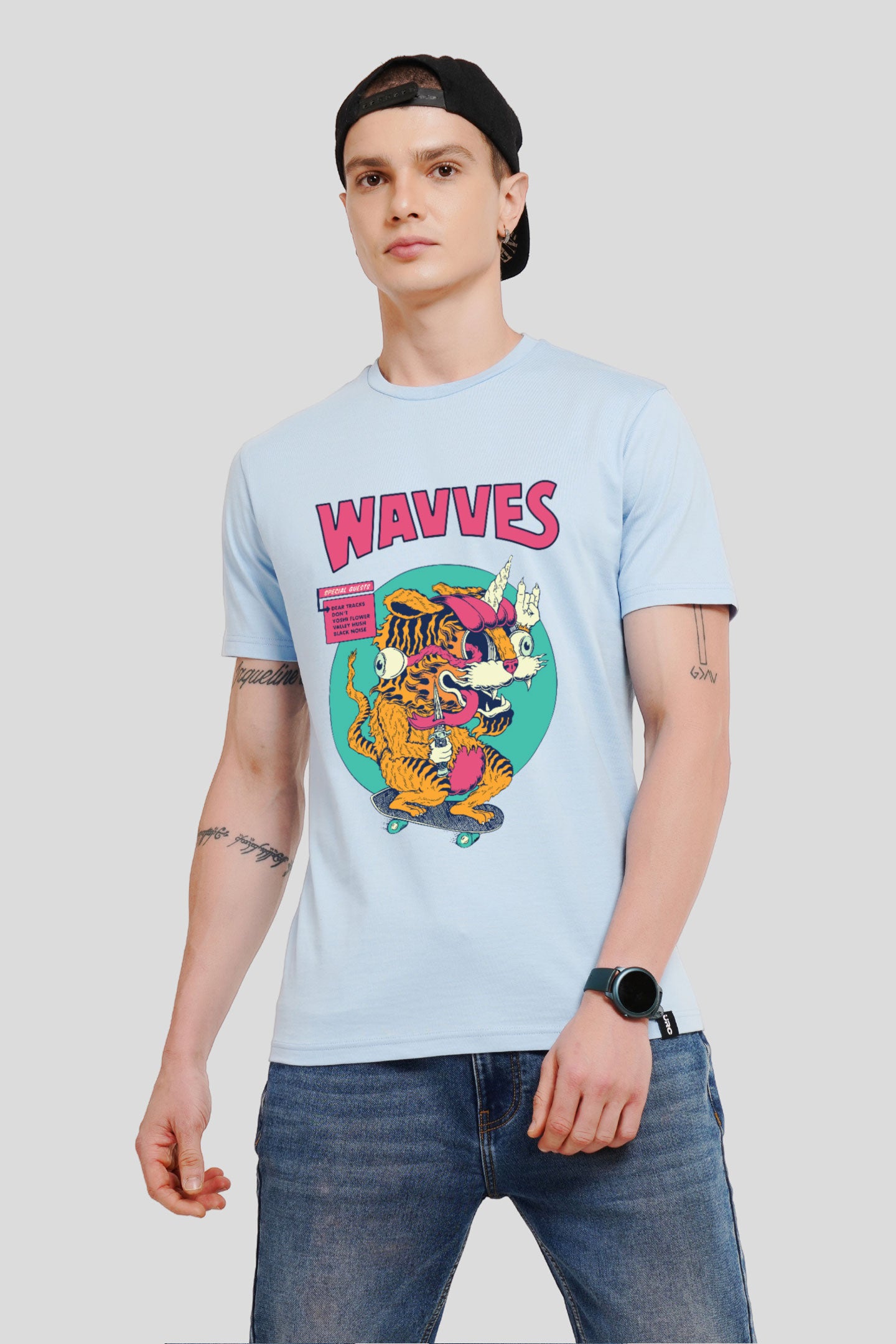 Wavves Powder Blue Printed T Shirt Men Regular Fit With Front Design Pic 5