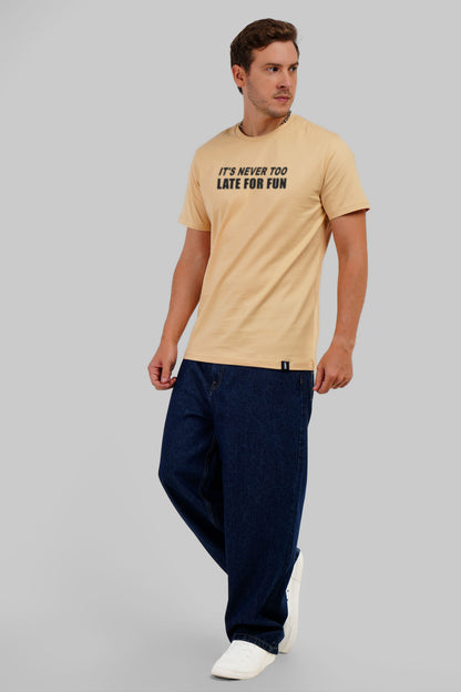 Never Too Late For Fun Beige Regular Fit T-Shirt Men