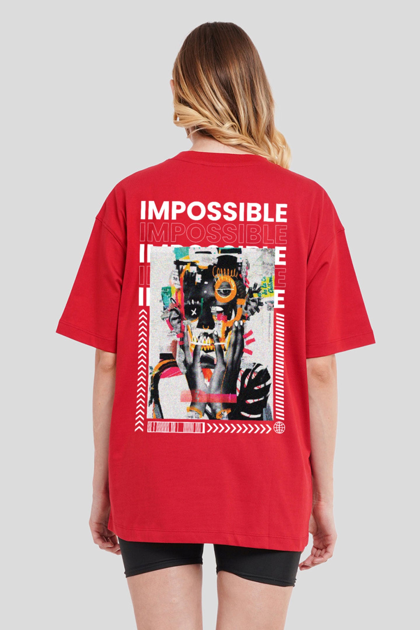 Impossible Red Printed T-Shirt Women Oversized Fit With Front And Back Design Pic 2