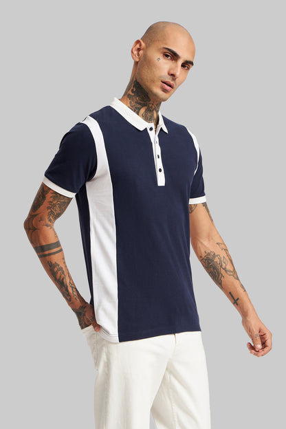 Navy Blue Colourblocked Polo T-Shirt Pic 5