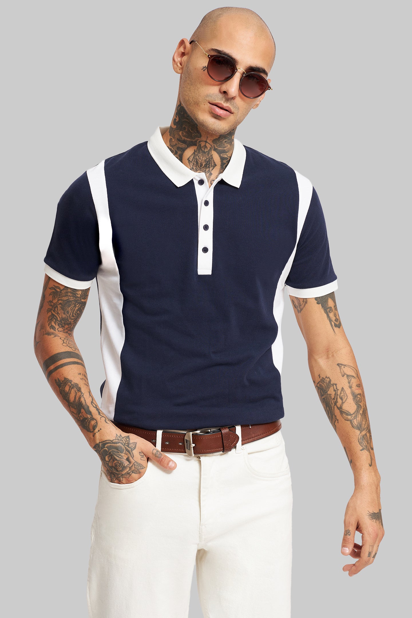 Navy Blue Colourblocked Polo T-Shirt Pic 1