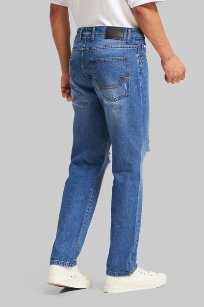 Blue Mid Rise Distressed Men's Relaxed Jeans Pic 3