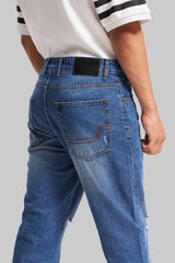 Blue Mid Rise Distressed Men's Relaxed Jeans Pic 5