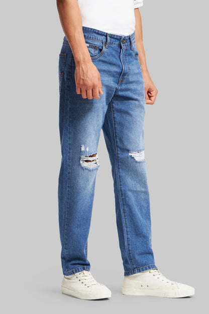 Blue Mid Rise Distressed Men's Relaxed Jeans Pic 4