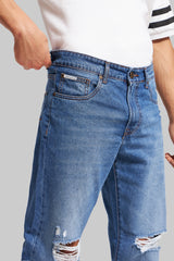 Blue Mid Rise Distressed Men's Relaxed Jeans Pic 6