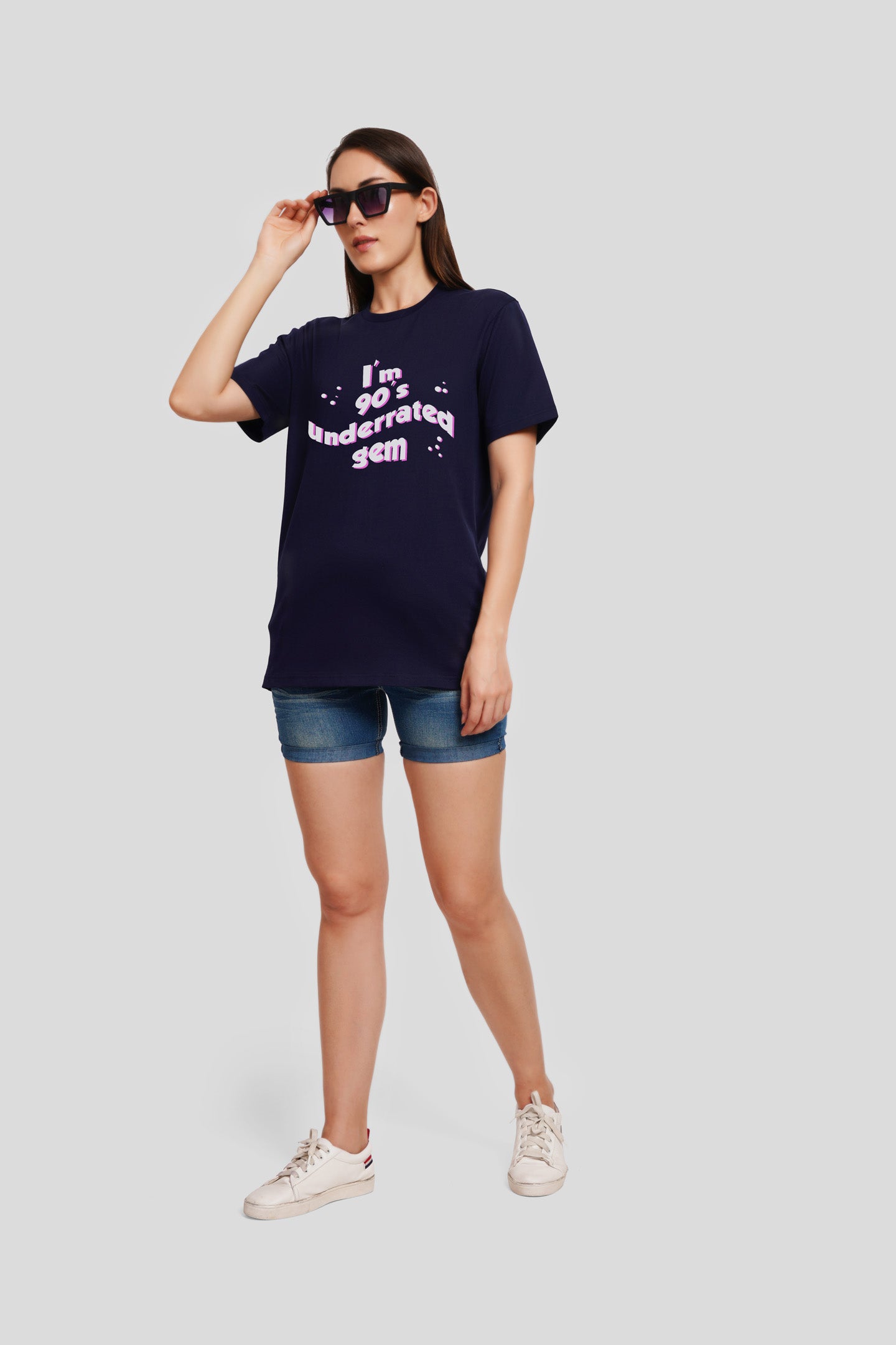 90 Gem Navy Blue Printed T Shirt Women Boyfriend Fit With Front Design Pic 3