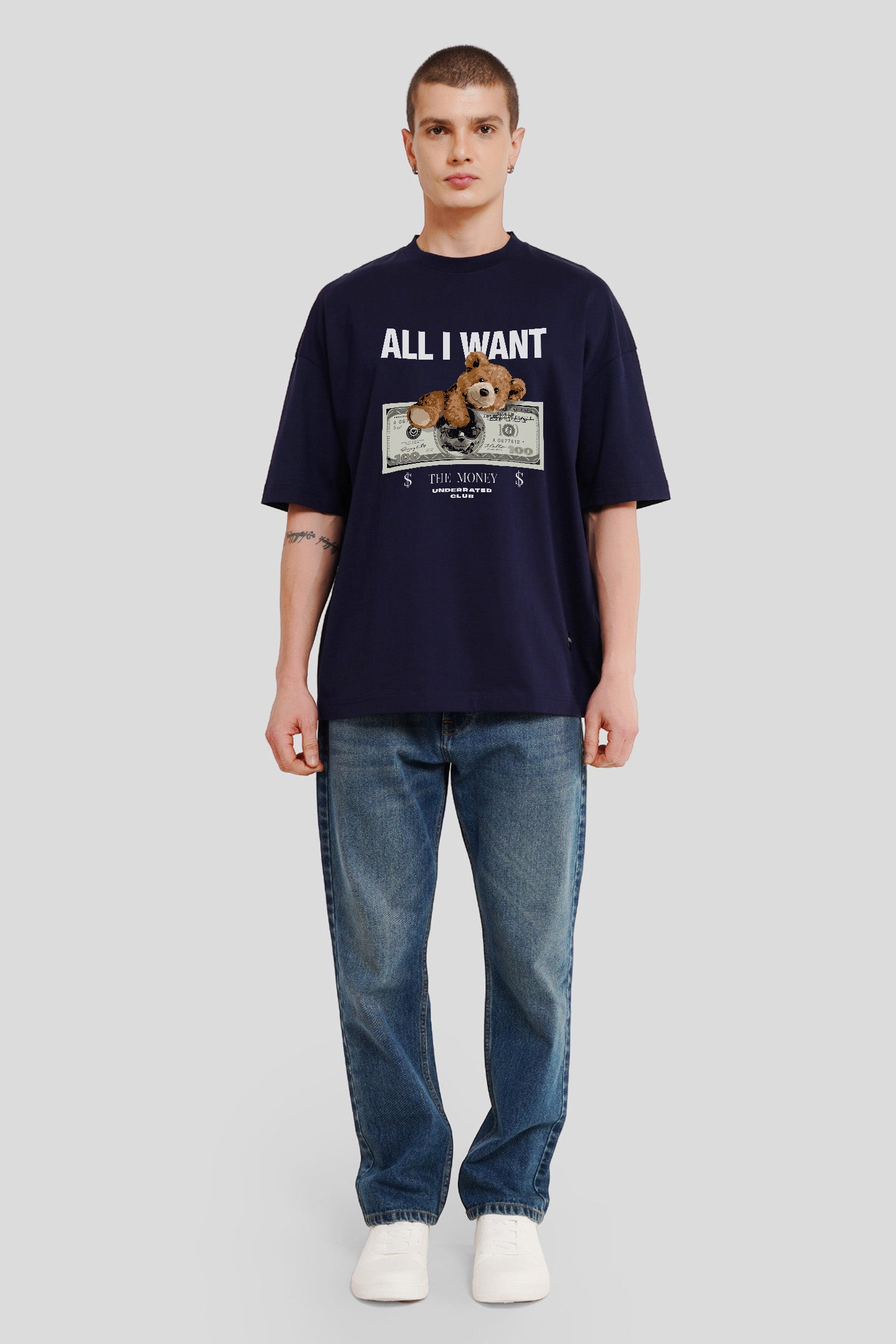 All I Want Navy Blue Printed T Shirt Men Baggy Fit With Front Design Pic 4