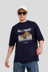 All I Want Navy Blue Printed T Shirt Men Baggy Fit With Front Design Pic 1