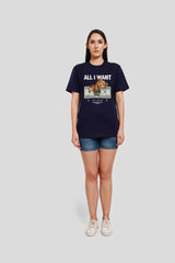 All I Want Navy Blue Printed T Shirt Women Boyfriend Fit With Front Design Pic 1