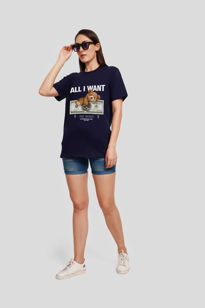 All I Want Navy Blue Printed T Shirt Women Boyfriend Fit With Front Design Pic 3