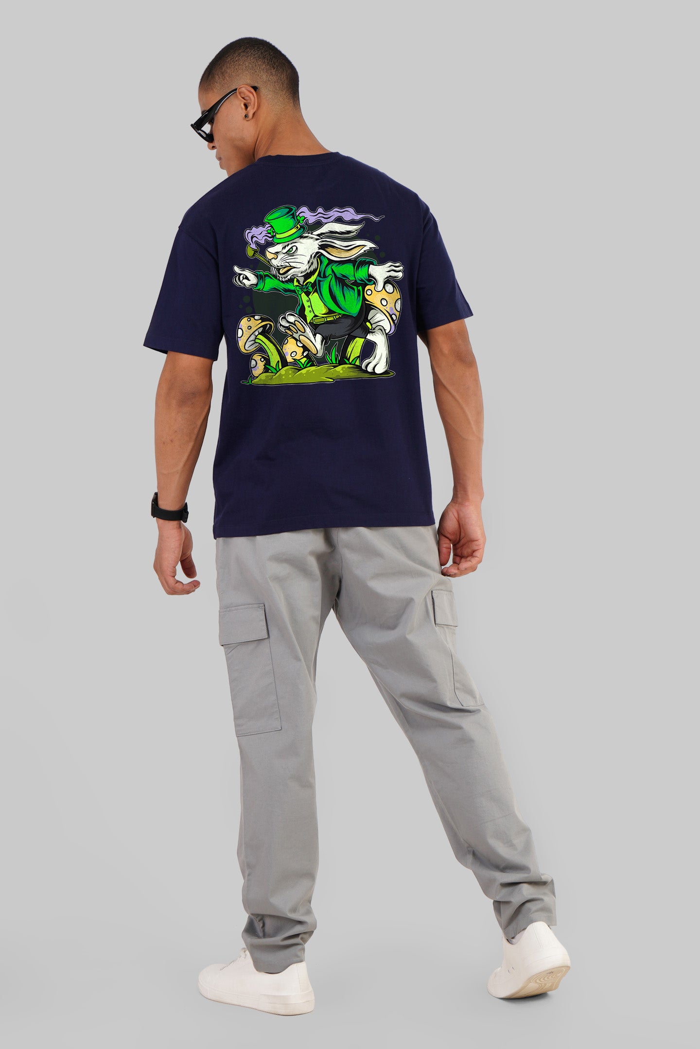 Angry Bunny Navy Blue Oversized Fit T-Shirt Men Pic 4