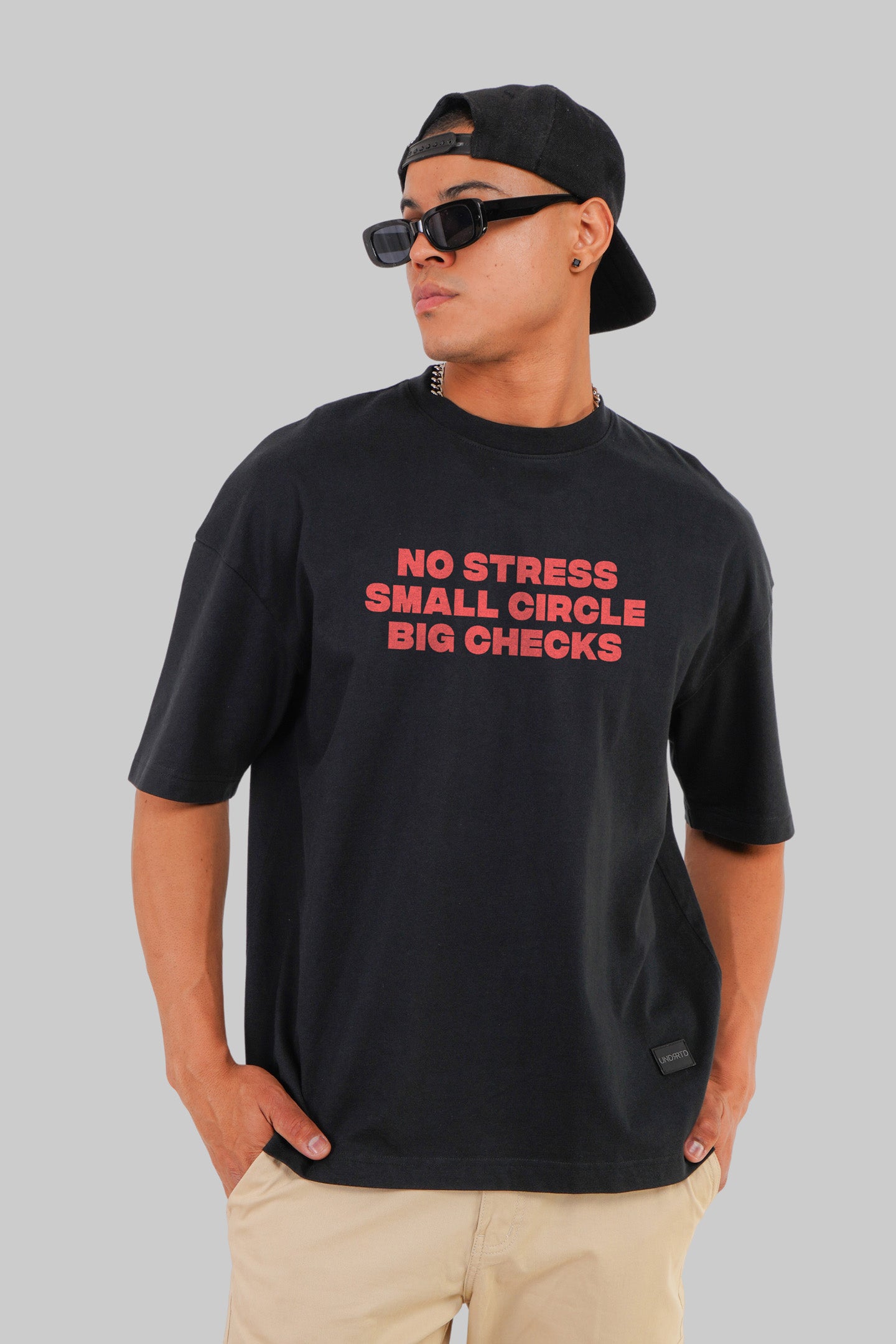 No Stress Big Checks Black Baggy Fit T-Shirt Men