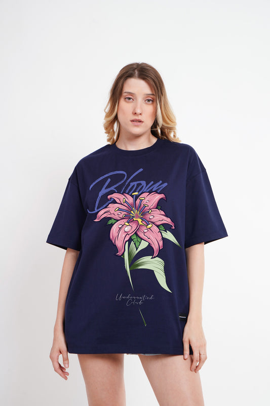 Pink Flower Navy Blue Oversized Fit T-Shirt Women Pic 1