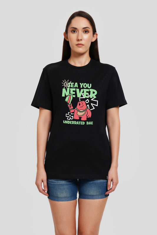 Sea You Never Black Printed T Shirt Women Boyfriend Fit With Front Design Pic 1