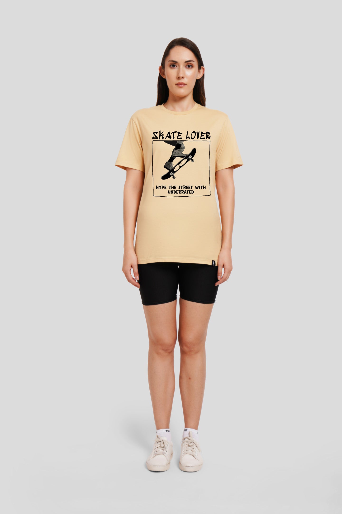 Skate Lover Beige Printed T Shirt Women Boyfriend Fit With Front Design Pic 1