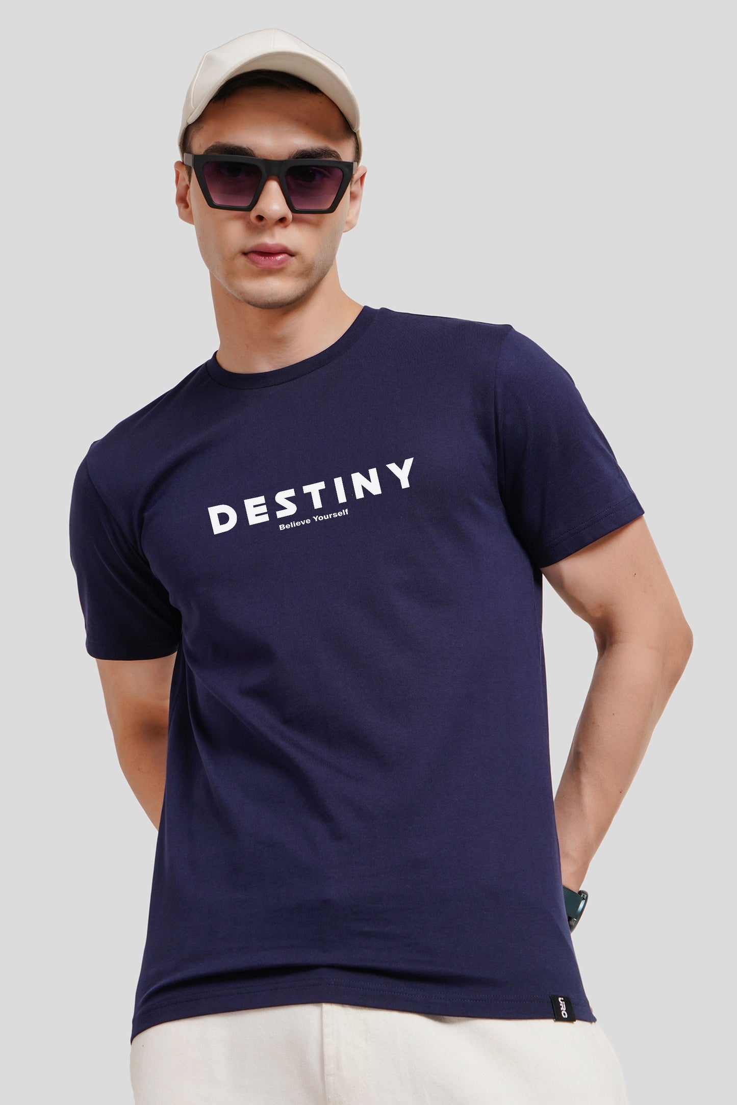 Destiny Navy Blue Printed T Shirt Men Regular Fit With Front Design Pic 1