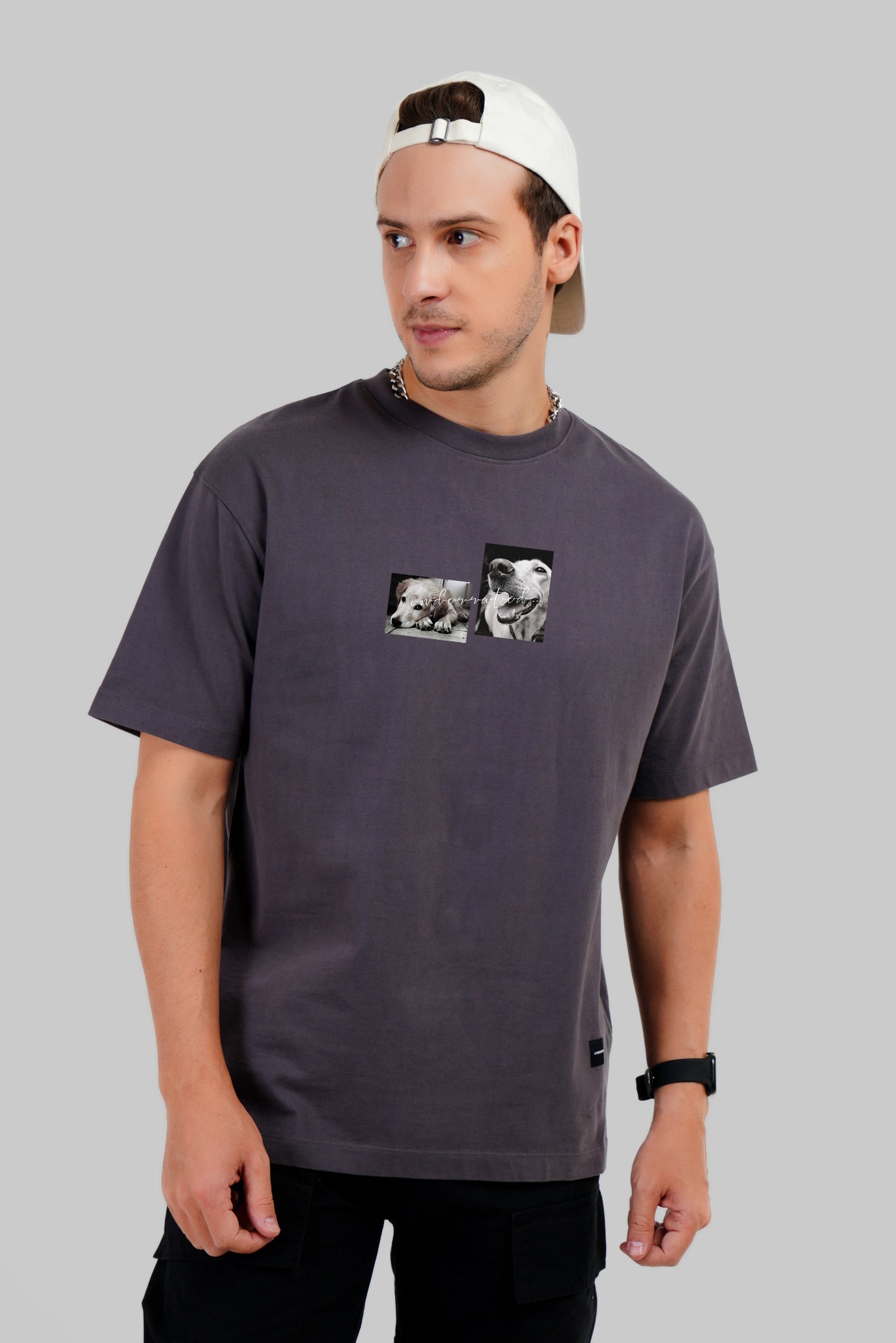 Pet Dogs Printed Dark Grey Oversized Fit T-Shirt Men Pic 2