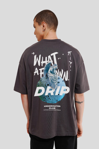 Drip Dark Grey Printed T Shirt Men Baggy Fit With Front And Back Design Pic 3