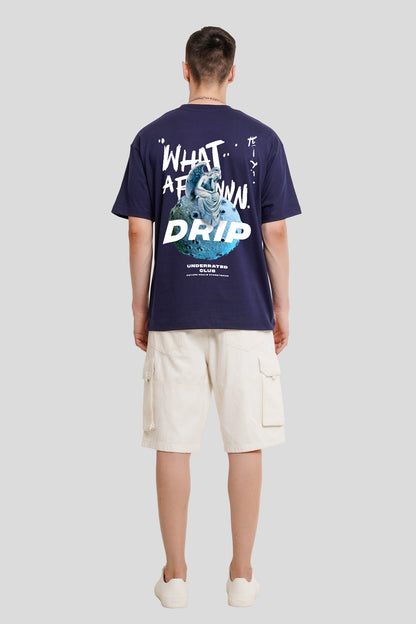 Drip Navy Blue Printed T Shirt Men Oversized Fit With Front And Back Design Pic 2