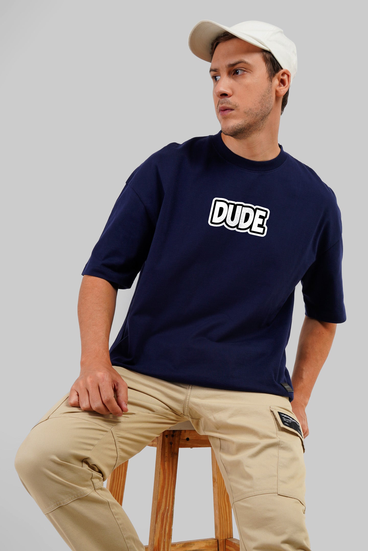 Dude Typographic Navy Blue Baggy Fit T-Shirt Men Pic 1