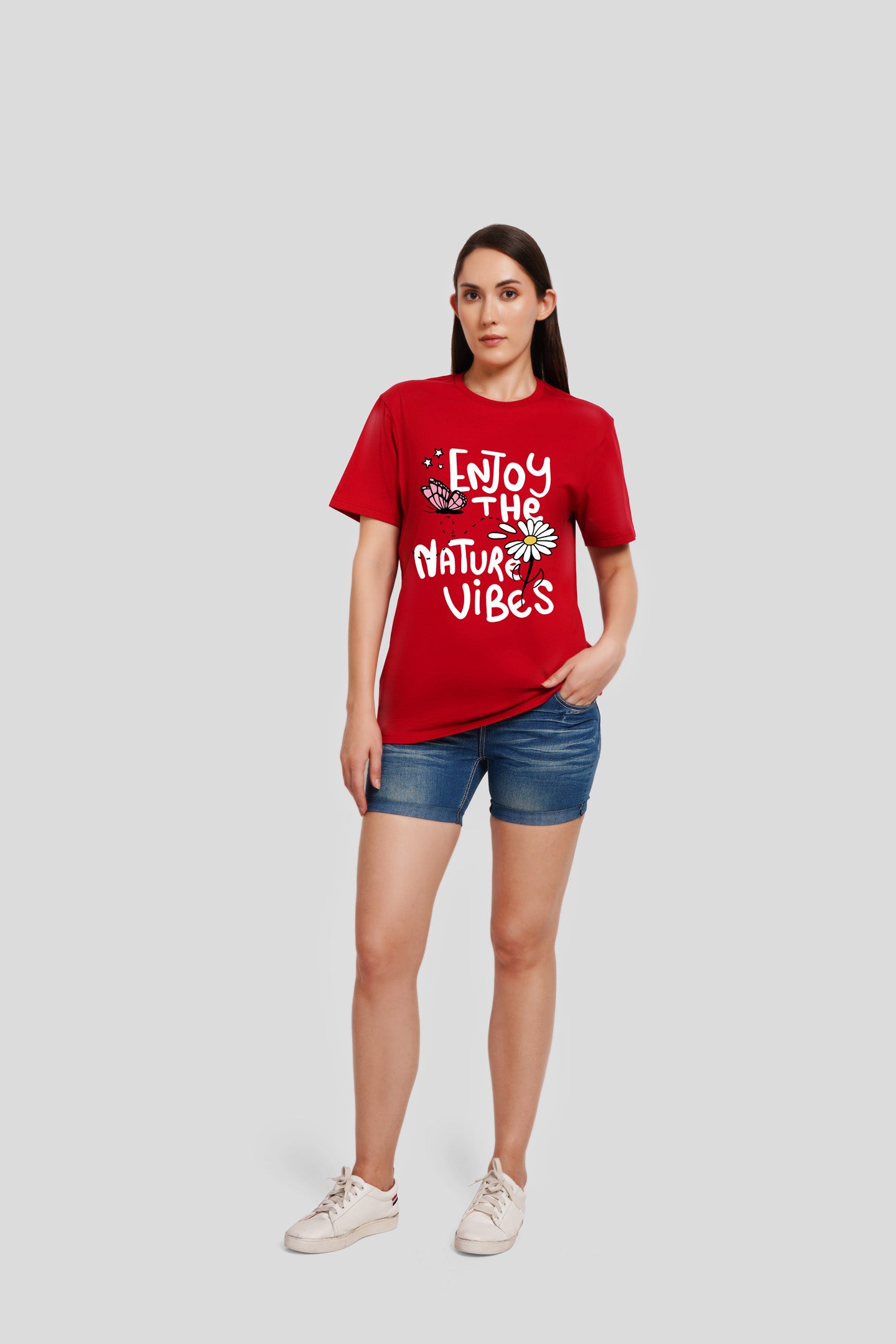 Enjoy Nature Vibes Red Printed T-Shirt Women Boyfriend Fit