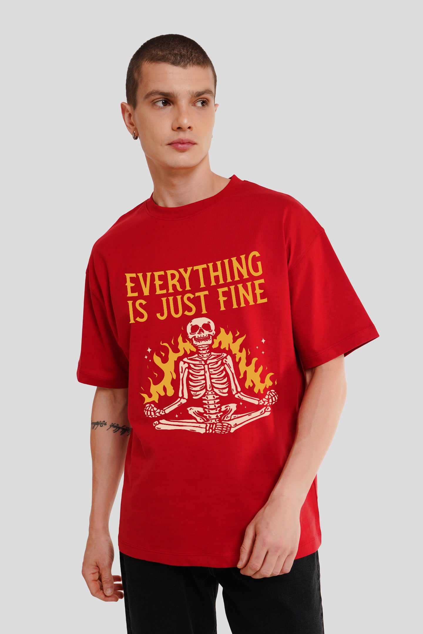Everything Just Fine Red Printed T Shirt Men Oversized Fit With Front Design Pic 1