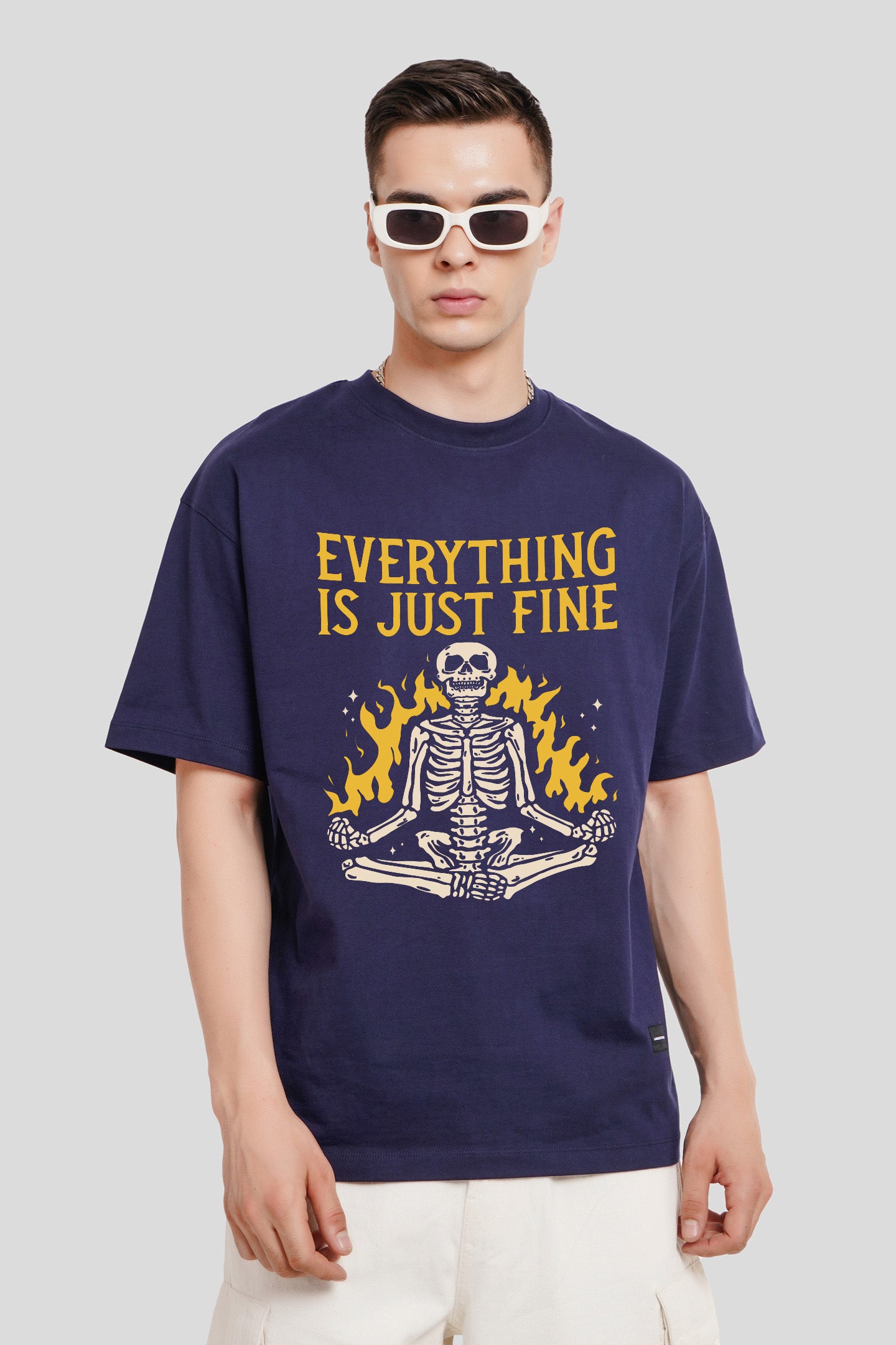 Everything Just Fine Navy Blue Printed T Shirt Men Oversized Fit With Front Design Pic 1