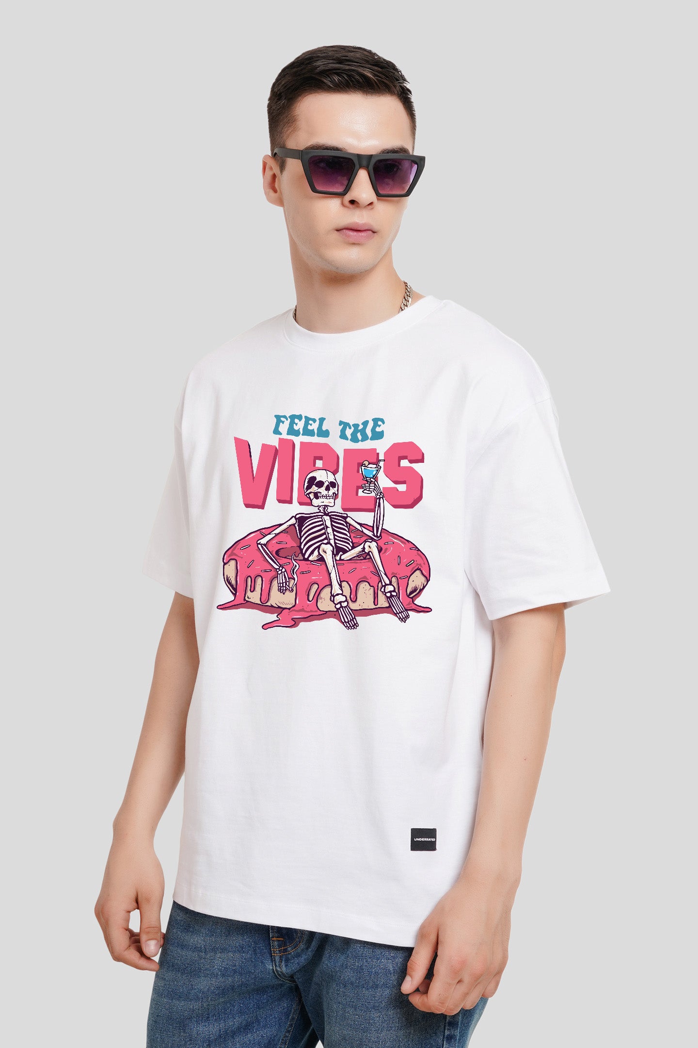 Feel The Vibe White Printed T Shirt Men Oversized Fit With Front Design Pic 1