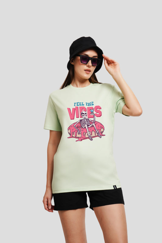 Feel The Vibe Pastel Green Printed T Shirt Women Boyfriend Fit With Front Design Pic 1