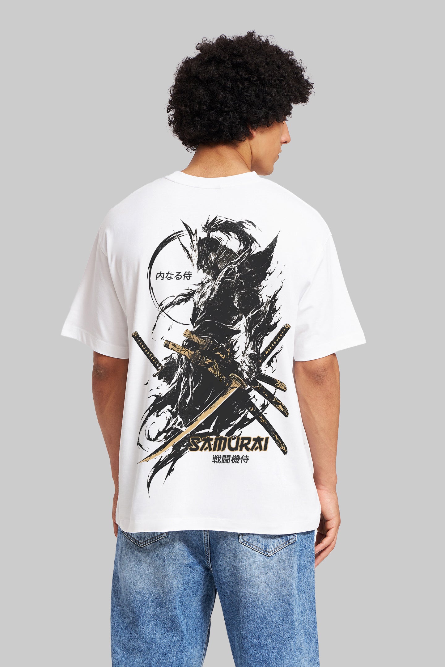 Fighter Samurai White Oversized Fit T-Shirt Men Pic 1